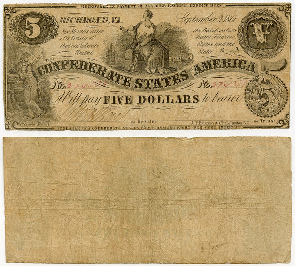 Civil War issue 5$, CSA (Confederate States of America), 1861, T-36, CR#278