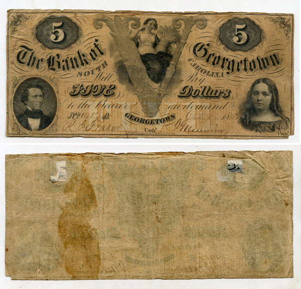 Bank of Gergetown, 5$, South Carolina, civil war Confederate States, 1864