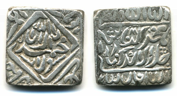 Scarce silver square temple token, rupee-weight, Emperor Akbar (1556-1605), Mughal Empire