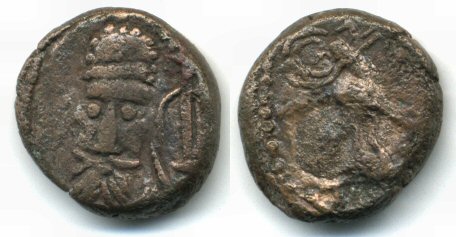 Bronze drachm of Praates (ca.38-2 BC), Kingdom of Elymais - rare type with an eagle holding wreath!