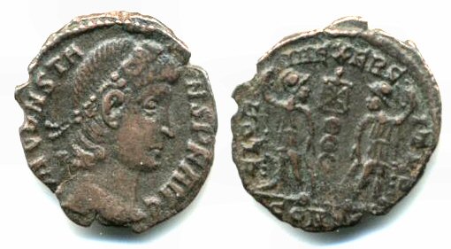 Rare GLORIA EXERCITVS AE3 of Constans (337-350 AD) with Chi-rho, Constantinopole mint