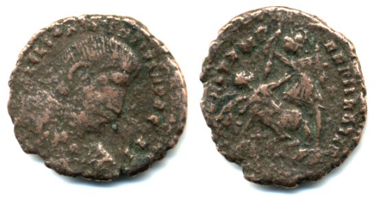 Rare barbarous AE3 imitation of a "soldier spearing horseman" of Constantius Gallus or Julian II, ca.351-358 AD, German find.