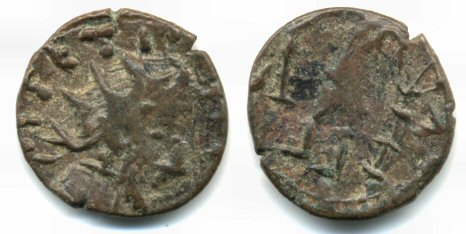 Ancient barbarous antoninianus of Tetricus I (ca.270-280 AD), crude type, hoard coin from France