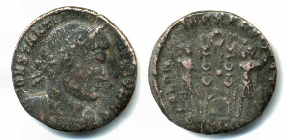 Extremely rare (R5) type! GLORIA EXERCITVS AE3 of Constantine the Great (307-337 AD), Arles mint, Roman Empire
