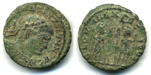 Barbarous AE3 imitation of a Constantinian GLORIA EXERCITVS (ca.330-337 AD), Roman Britain