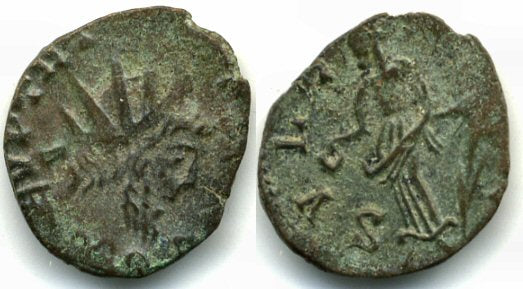 Ancient barbarous antoninianus of Tetricus (minted ca.270-280 AD), scarcer Salus type, hoard coin from France