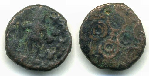 Bronze 1/2 karshapana (40 ratti), standing Lakshmi type, Ujjain (ca.150-75 BC)