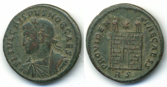 Rare camp-gate follis of Crispus (317-326 AD), Rome mint, Roman Empire