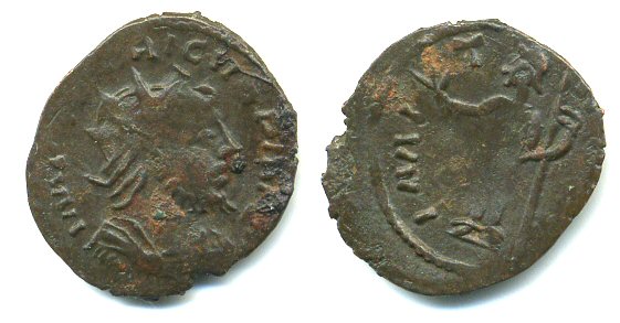 Ancient barbarous antoninianus of Tetricus I (ca.270-280 AD), PAX type, hoard coin from France