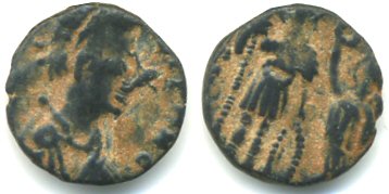Rare barbarous VIRTVS EXERCITI AE3, imitating Arcadius or Honorius, minted ca.395-401 AD