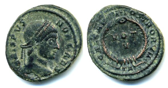 CAESARVM NOSTRORVM follis of Cripsus (317-326 AD), Ticinum mint