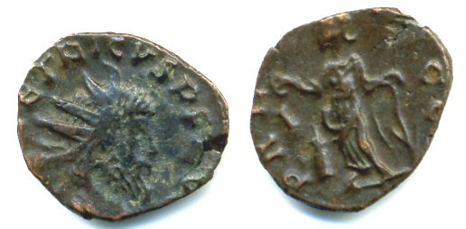 Ancient barbarous antoninianus of Tetricus (minted ca.270-280 AD), Salus type, hoard coin from France