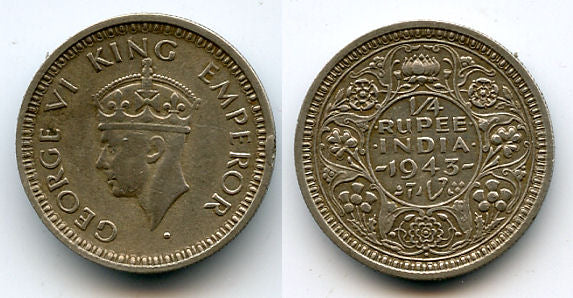 Silver 1/4 rupee in the name of George VI, 1943, India