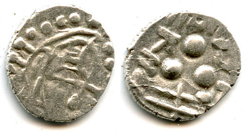 Last coins of the Hindus in Multan - VERY RARE type with a letter Pra on head, silver drachm, SRI Tapana type, Chach of Alor dynasty in Sindh and Multan, ca.632-711 AD