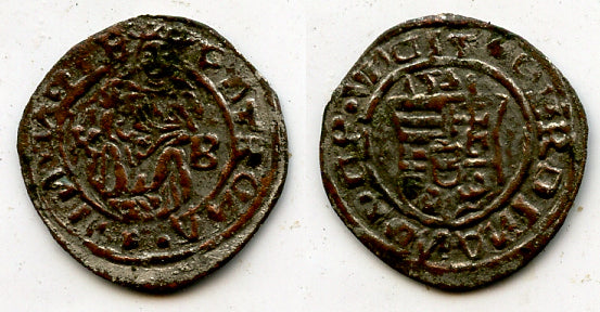 Very interesting! Fouree denar with crude mis-spelled legends, "Madonna and child", Hungary, in the name of Emperor Ferdinand I (1526-1564), 1531