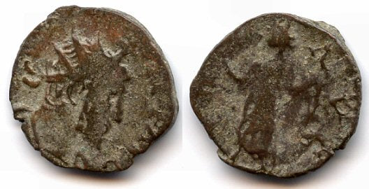 Ancient barbarous antoninianus of Tetricus I (minted ca.270-280 AD). PAX type, hoard coin from France