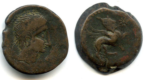 Huge ancient bronze AE28 with a hand on obverse and a sphinx, early 1st century BC, Castulo, Spain