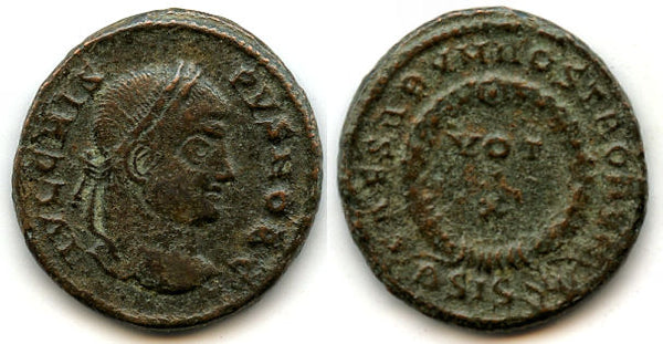 VOT X follis of Crispus (317-326 CE), Siscia, Roman Empire (RIC 181)