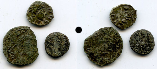 Lot of 3 various barbarous imitations of a "soldier spearing horseman" of Constantius II (337-361 AD), Roman Britain