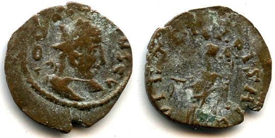 Virtus/Laetitia hybrid barbarous antoninianus of Tetricus (minted ca.270-280 AD), hoard coin from France