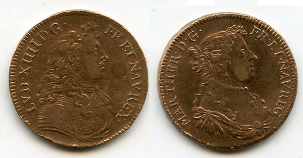 Nice copper token (AE27) of Louis XIV (1643-1715) and his wife Maria Theresa, France