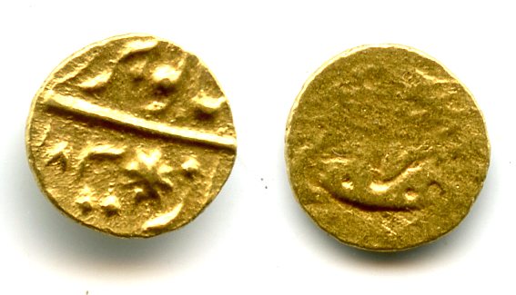 Rare and high quality! Gold 1/2 fanam (1/4 rupee in gold), Shah Alam II (1759-1806) as "Shahi Gohar Alam", 1183 AH / 1769 AD, uncertain mint, Mughal Empire