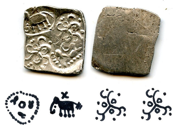 Extremely nice and rare! Silver punchmarked 1/2 karshapana from Cheitya Janapada, ca.400-300 BC, Ancient India