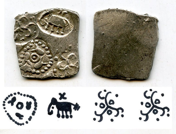 Extremely nice and rare! Silver punchmarked 1/2 karshapana from Cheitya Janapada, ca.400-300 BC, Ancient India