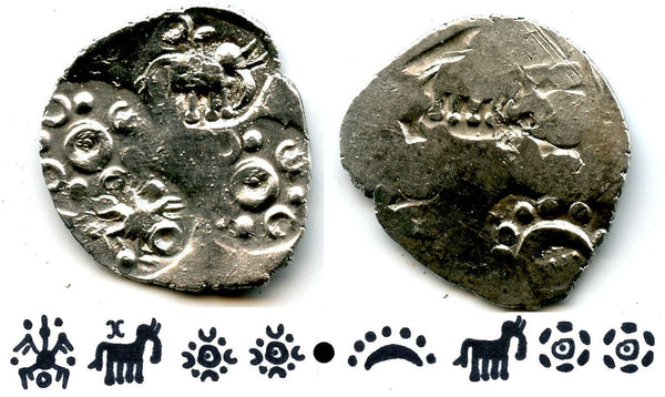 Extremely nice and rare double-sided coin! Silver punchmarked 1/2 karshapana from Cheitya Janapada, ca.400-300 BC, Ancient India