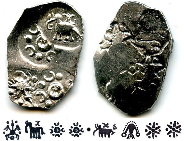 Extremely nice and rare double-sided coin! Silver punchmarked 1/2 karshapana from Cheitya Janapada, ca.400-300 BC, Ancient India