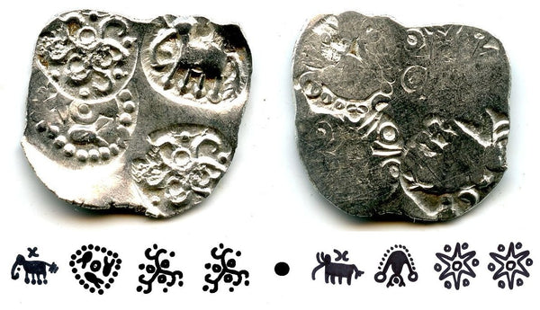 Extremely nice and rare double-sided coin! Silver punchmarked 1/2 karshapana from Cheitya Janapada, ca.400-300 BC, Ancient India