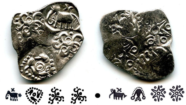 Extremely nice and rare double-sided coin! Silver punchmarked 1/2 karshapana from Cheitya Janapada, ca.400-300 BC, Ancient India