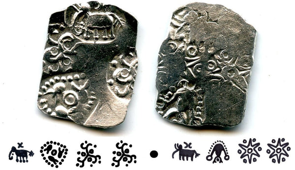 Extremely nice and rare double-sided coin! Silver punchmarked 1/2 karshapana from Cheitya Janapada, ca.400-300 BC, Ancient India