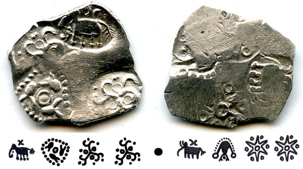 Extremely nice and rare double-sided coin! Silver punchmarked 1/2 karshapana from Cheitya Janapada, ca.400-300 BC, Ancient India