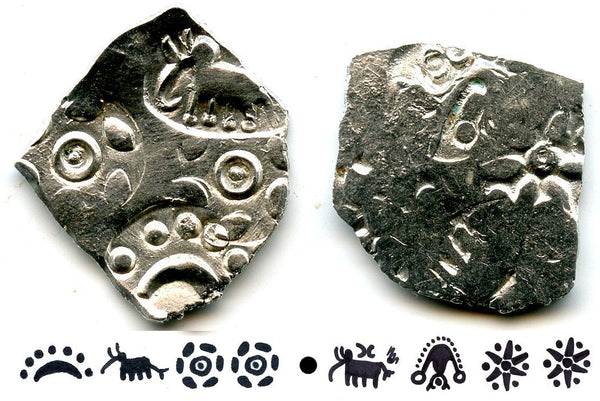 Extremely nice and rare double-sided coin! Silver punchmarked 1/2 karshapana from Cheitya Janapada, ca.400-300 BC, Ancient India