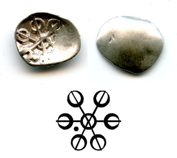 Rare silver 1/16th shatamana (1/2 shana) from Gandhara Janapada, ca.500-400 BC, India