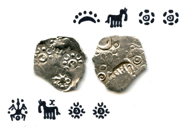 Extremely nice and rare double-sided coin! Silver punchmarked 1/2 karshapana from Cheitya Janapada, ca.400-300 BC, Ancient India