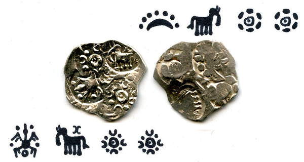 Extremely nice and rare double-sided coin! Silver punchmarked 1/2 karshapana from Cheitya Janapada, ca.400-300 BC, Ancient India