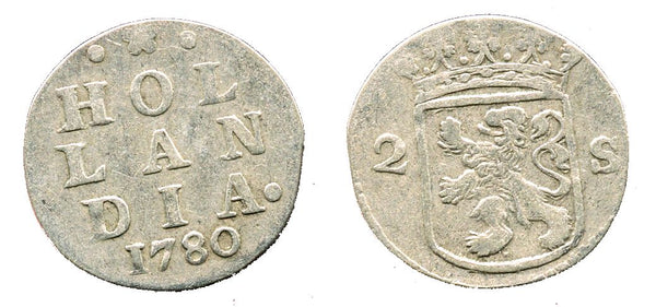 Silver 2-stuivers, 1780, Dordrecht mint, Hollandia, Netherlands