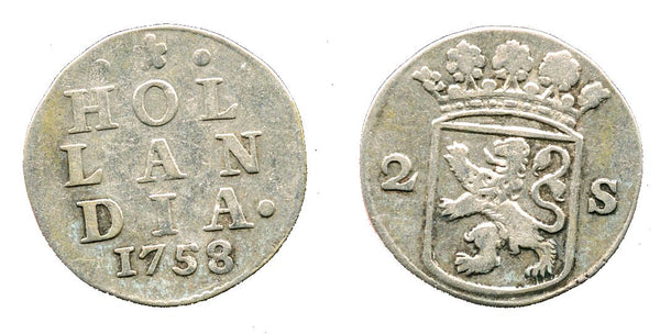 Silver 2-stuivers, 1758, Dordrecht mint, Hollandia, Netherlands
