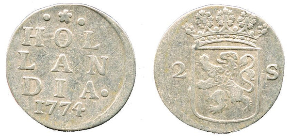 Silver 2-stuivers, 1774, Dordrecht mint, Hollandia, Netherlands