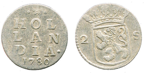 Silver 2-stuivers, 1780, Dordrecht mint, Hollandia, Netherlands