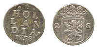 Silver 2-stuivers, 1758, Dordrecht mint, Hollandia, Netherlands