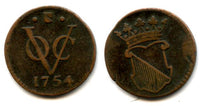 Rare and high quality Utrecht issue copper 1/2 duit issued by VOC (the Dutch East India Company), 1754, Dutch East India (KM#112.1)