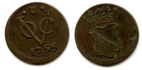 Rare and high quality Utrecht issue copper 1/2 duit issued by VOC (the Dutch East India Company), 1755, Dutch East India (KM#112.1)