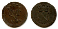 Rare and high quality Utrecht issue copper 1/2 duit issued by VOC (the Dutch East India Company), 1754, Dutch East India (KM#112.1)