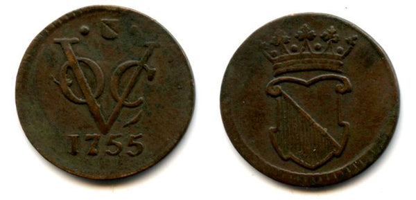 Rare and high quality Utrecht issue copper 1/2 duit issued by VOC (the Dutch East India Company), 1755, Dutch East India (KM#112.1)