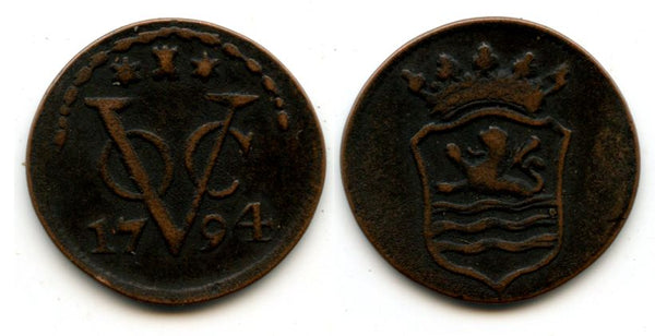 Copper duit issued by VOC (the Dutch East India Company), 1794 with a garland, Zeeland coinage, Netherlands East Indies (KM #159)