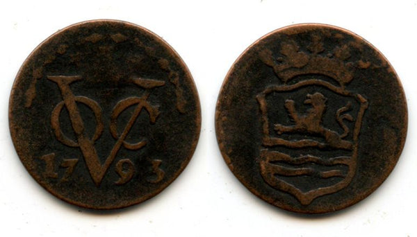 Copper duit issued by VOC (the Dutch East India Company), 1793 with a garland, Zeeland coinage, Netherlands East Indies (KM #159)