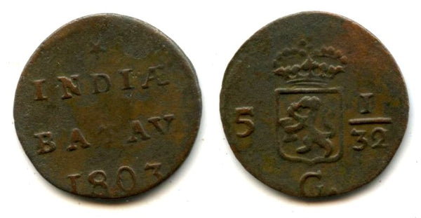 Rare copper 1/2 duit, 1803, Batavian Republic (Dutch East Indies) (KM #75)